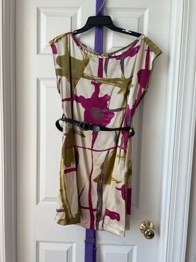 Charlotte Russe Cream Mini Dress with Magenta and Olive Brushstroke Print